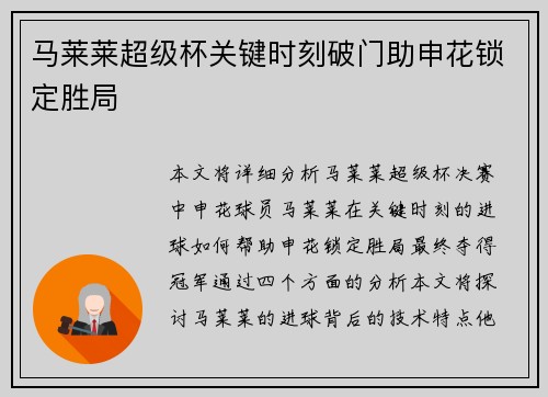 马莱莱超级杯关键时刻破门助申花锁定胜局