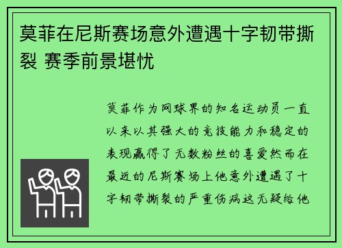 莫菲在尼斯赛场意外遭遇十字韧带撕裂 赛季前景堪忧