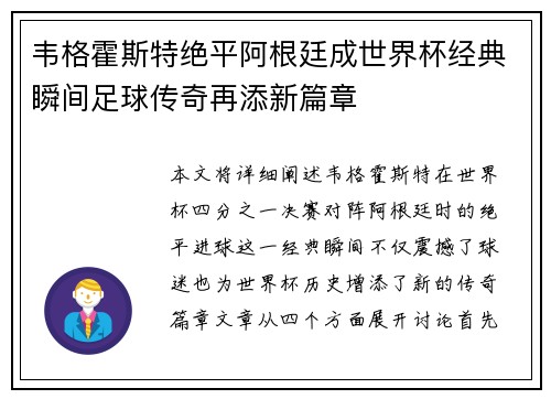 韦格霍斯特绝平阿根廷成世界杯经典瞬间足球传奇再添新篇章